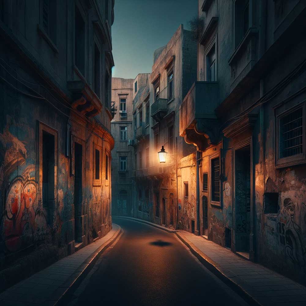 Trauriges Bild zum Nachdenken: Verlassene Gasse bei Dämmerung